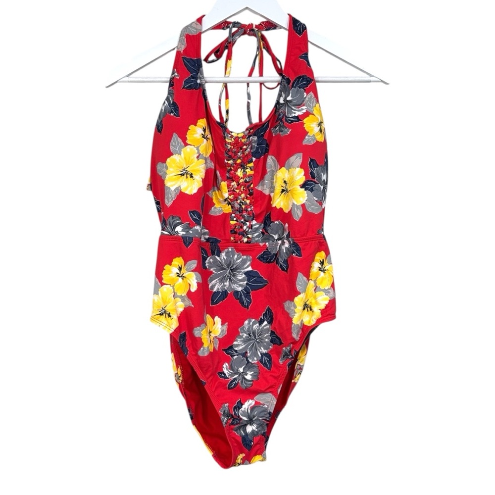 Ambrielle Ladies Red Floral Knotted Bathing Suit Halter Neck Size XL NWT